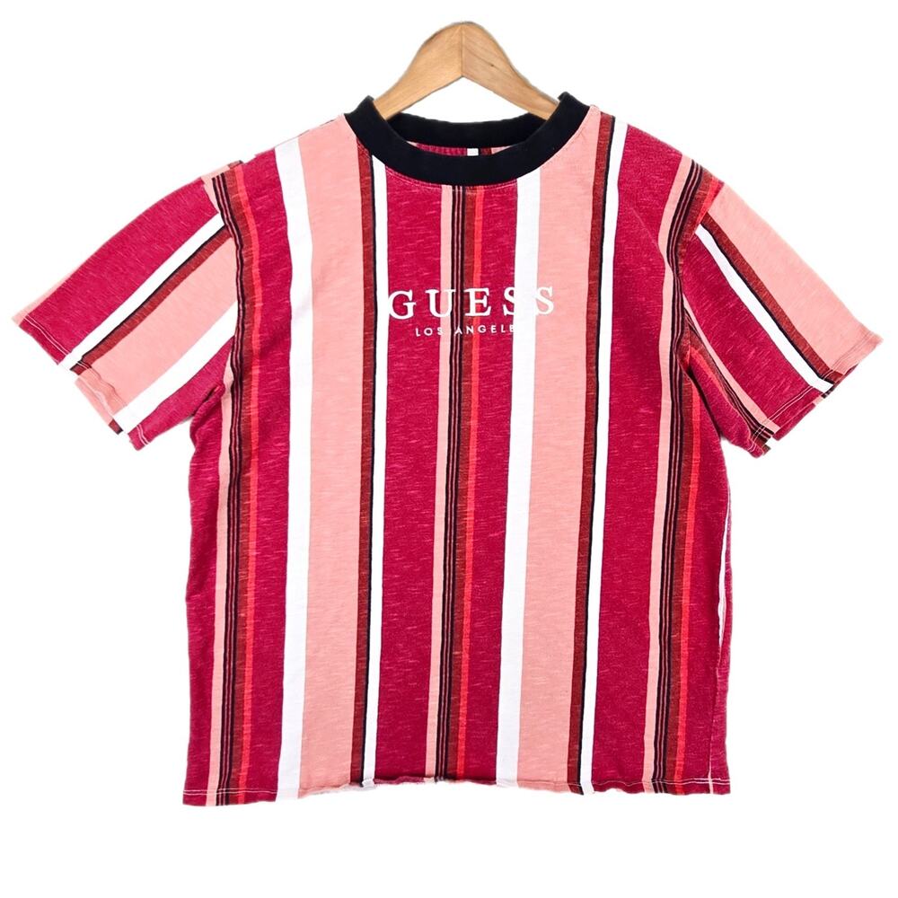 Guess Originals Los Angeles Vertical Striped T-shirt Mens Medium Red Y2K Vtg